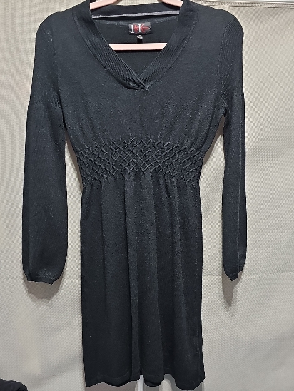 R&K Black V-Neck Smocked-Waist Long Sleeve Dress